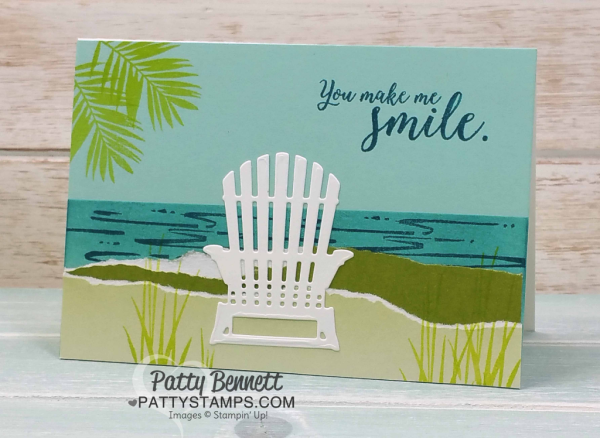Beach Card Idea featuring Seasonal Layers adirondack chair framelit die and Fabulous Flamingo stamp set, by Patty Bennett