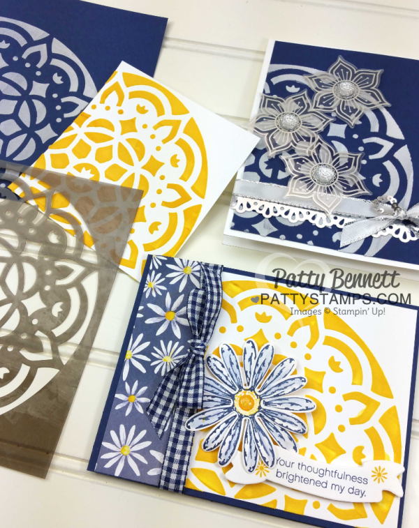 Daisy Delight bundle card idea featuring Stampin' UP! embossing paste, medallion mask, Daisy Delight stamp set and punch and Delightful Daisy designer paper. Topped off with Night of Navy Ginham ribbon. By Patty Bennett