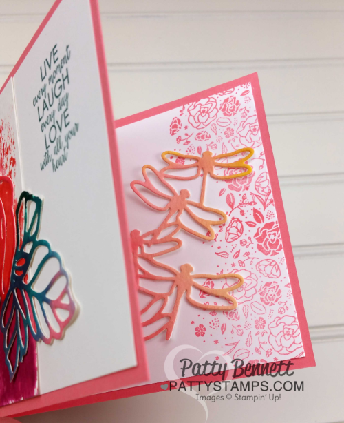 Rose Garden thinlit floral cards on  watercolor background paper featuring Stampin Up! ink, paper, dies and stamps, by Patty Bennett.  Inside featured dragonflies die cut with the Details Dragonfly thinlit.
