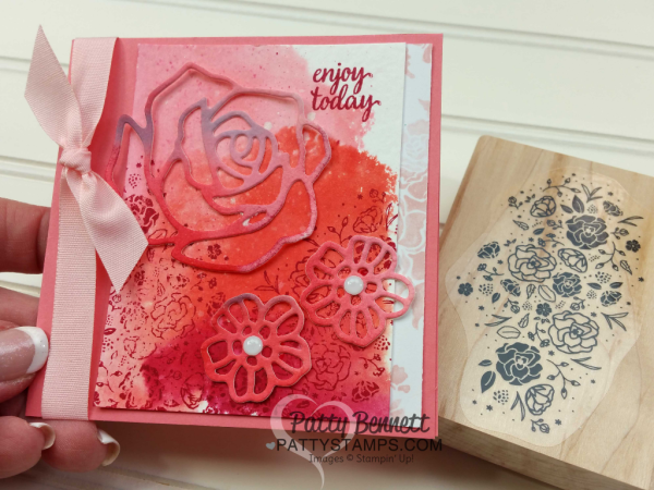 Rose Garden thinlit floral cards on  watercolor background paper featuring Stampin Up! ink, paper, dies and stamps, by Patty Bennett.  Wood Words floral stamp, inked in Rose Red ink and lightly stamped on watercolor background.