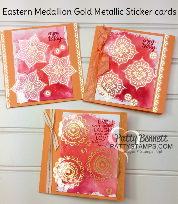 Eastern Palace Gold Vinyl Stickers on Stampin' Up! cards by Patty Bennett. Watercolor background "smoosh" technique. Eastern Palace Gold Vinyl Stickers on Stampin' Up! cards by Patty Bennett. Watercolor background "smoosh" technique.