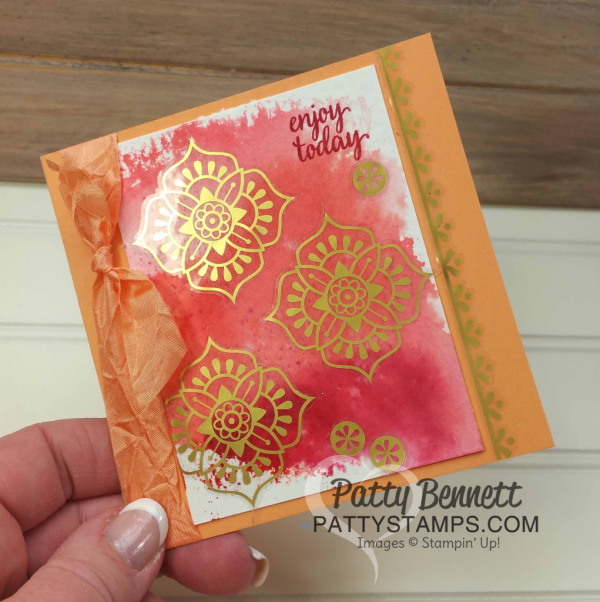 Eastern Palace Gold Vinyl Stickers on Stampin' Up! cards by Patty Bennett. Watercolor background "smoosh" technique. Eastern Palace Gold Vinyl Stickers on Stampin' Up! cards by Patty Bennett. Watercolor background "smoosh" technique.