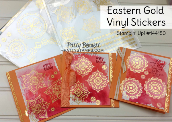 Eastern Palace Gold Vinyl Stickers on Stampin' Up! cards by Patty Bennett. Watercolor background "smoosh" technique. Eastern Palace Gold Vinyl Stickers on Stampin' Up! cards by Patty Bennett. Watercolor background "smoosh" technique.