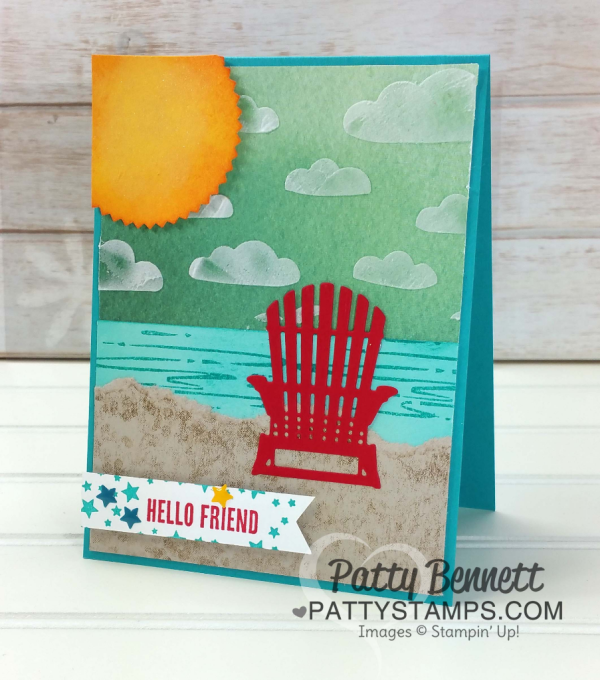 Red Adirondak chair beach scene card featuring Stampin' UP! embossing paste clouds and Seasonal Layers framelits dies. Tip! Use Sheltering Tree stamp for sandy beach!! Card stamped by Patty Bennett.