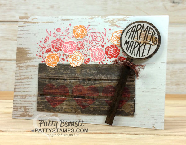 Wood Crate Note Card idea featuring Stampin' Up! Wood Textures paper stack and Wood Crate framelits.  Images stamped using Wood Words stamp set.  By Patty Bennett