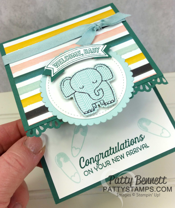Welcome Baby card stamped with A Little Wild stamp set from Stampin' Up!. Embellished with the Decorative ribbon punch and Duet Banner punch greeting. By Patty Bennett