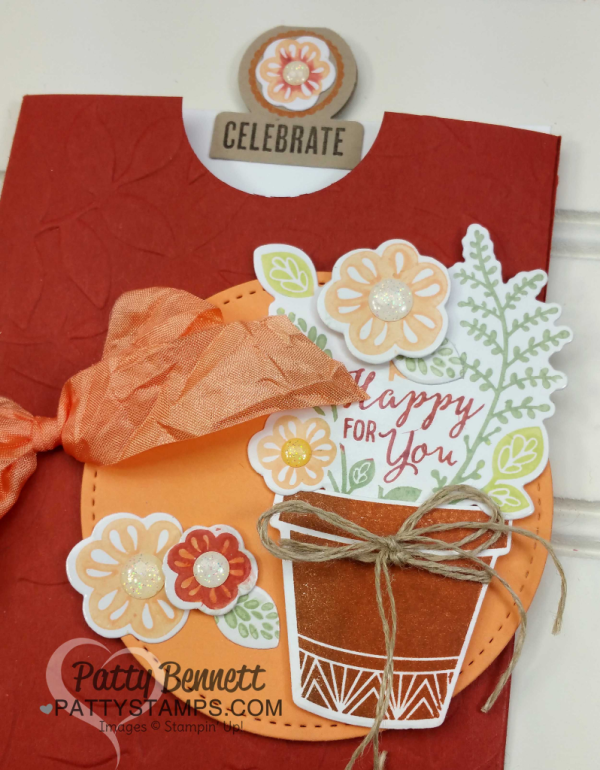 Stamped pull-up pocket card idea featuring the Stampin' UP! Grown with Love bundle. Flower pot card. 