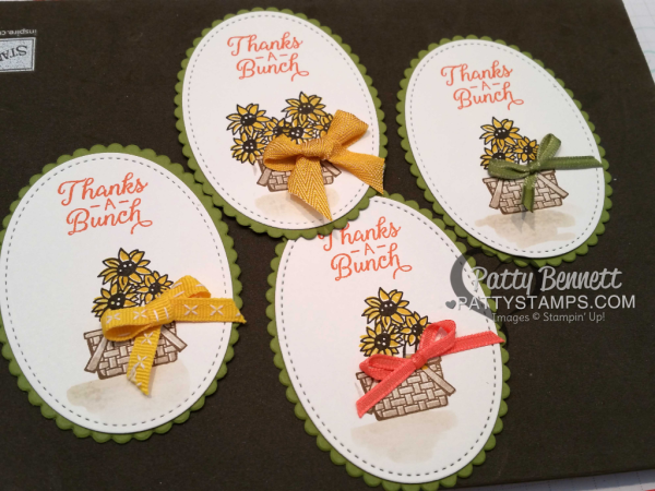 Sunflower Basket ovals.  Stampin' Up! Bike Ride stamp set and Beautiful Bouquet stamp set.  by Patty Bennett