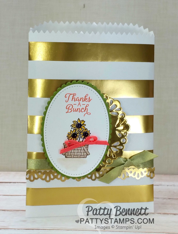 Sunflower Basket ovals gold striped gift bag idea with gold foil doily and gold decorative edge ribbon punch detail.  Stampin' Up! Bike Ride stamp set and Beautiful Bouquet stamp set.  by Patty Bennett