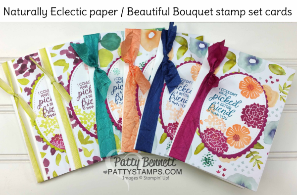 Handstamped note cards featuring Stampin' UP! Naturally Eclectic designer floral printed paper, Beautiful Bouquet stamp set, and ribbon accent. By Patty Bennett