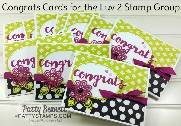 Sunshine Wishes congrats card idea featuring Support Ribbon & Sunshine Wishes framelits, with Whole Lot of Lovely designer paper. Cards for the Luv 2 Stamp group demonstrator title promotions by Patty Bennett