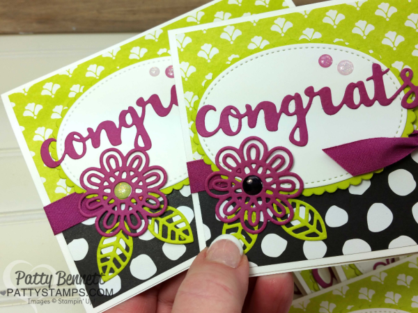 Sunshine Wishes congrats card idea featuring Support Ribbon & Sunshine Wishes framelits, with Whole Lot of Lovely designer paper. Cards for the Luv 2 Stamp group demonstrator title promotions by Patty Bennett