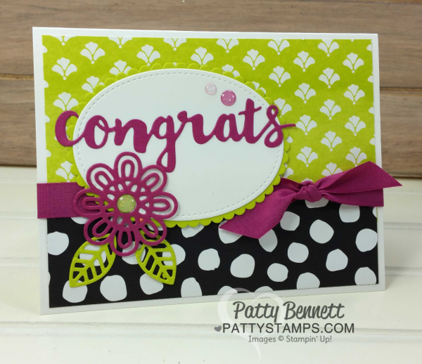 Sunshine Wishes congrats card idea featuring Support Ribbon & Sunshine Wishes framelits, with Whole Lot of Lovely designer paper. Cards for the Luv 2 Stamp group demonstrator title promotions by Patty Bennett