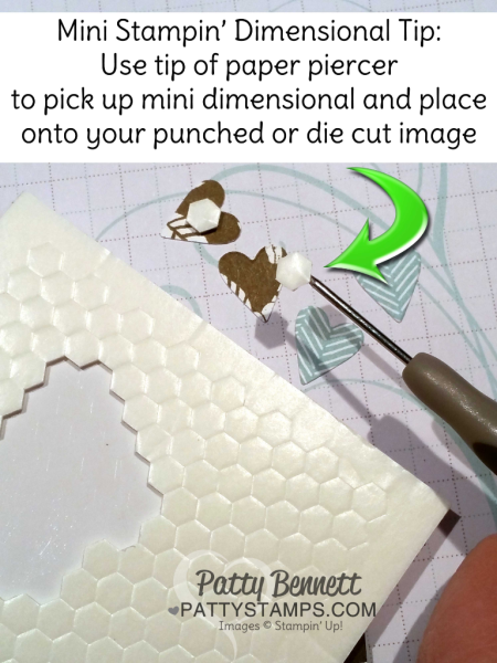 Craftping tip: Use your Stampin' Piercer to pick up the tiny Mini Stampin' Dimensionals and place them onto your card or craft project. Stampin Up! supplies available: click shop online at www.pattystamps.com Craftping tip: Use your Stampin' Piercer to pick up the tiny Mini Stampin' Dimensionals and place them onto your card or craft project. Stampin Up! supplies available: click shop online at www.pattystamps.com