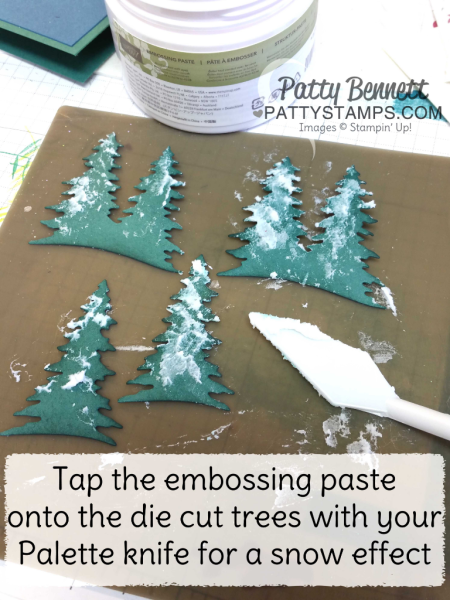 Embossing Paste snow technique for the Carols of Christmas Stampin' UP! Holiday catalog Peace on Earth pine tree card featuring embossing paste and glitter snowy trees by Patty Bennett