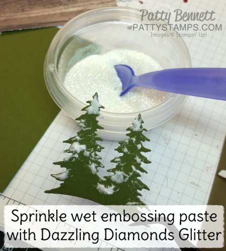 Embossing Paste and Glitter Snow Technique for the Carols of Christmas Stampin' UP! Holiday catalog Peace on Earth pine tree card featuring embossing paste and glitter snowy trees by Patty Bennett