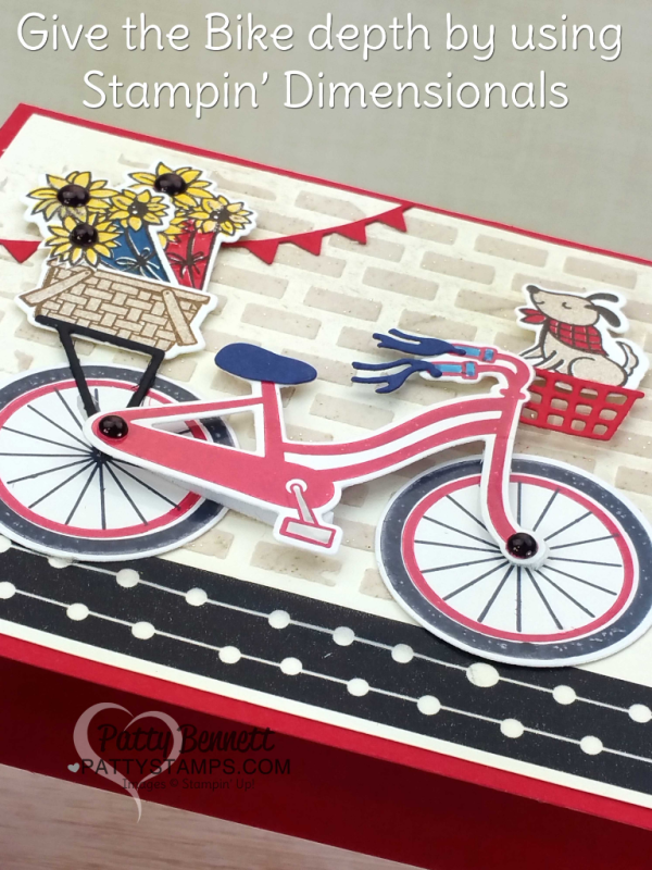 Bike Ride 4th of July patrioit card idea, featuring brick embossing paste background, die cut doggie, sunflowers, bike and baskets. Card by Patty Bennett at pattystamps.com Bike Ride 4th of July patrioit card idea, featuring brick embossing paste background, die cut doggie, sunflowers, bike and baskets. Card by Patty Bennett at pattystamps.com