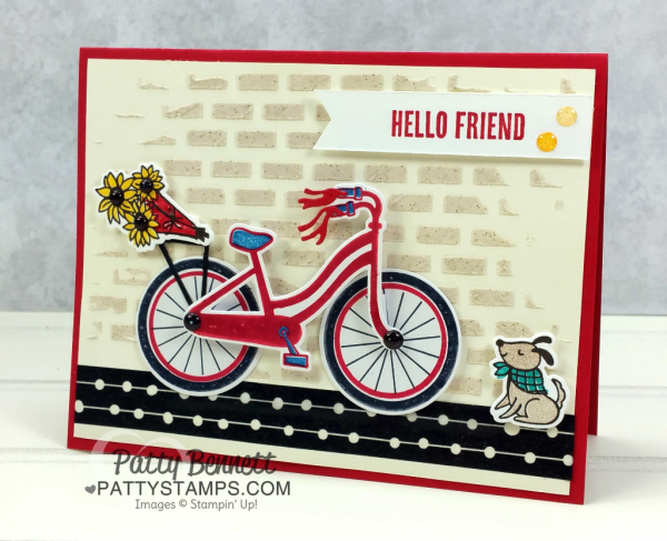 Bike Ride 4th of July patrioit card idea, featuring brick embossing paste background, die cut doggie, sunflowers, bike and baskets. Card by Patty Bennett at pattystamps.com Bike Ride 4th of July patrioit card idea, featuring brick embossing paste background, die cut doggie, sunflowers, bike and baskets. Card by Patty Bennett at pattystamps.com