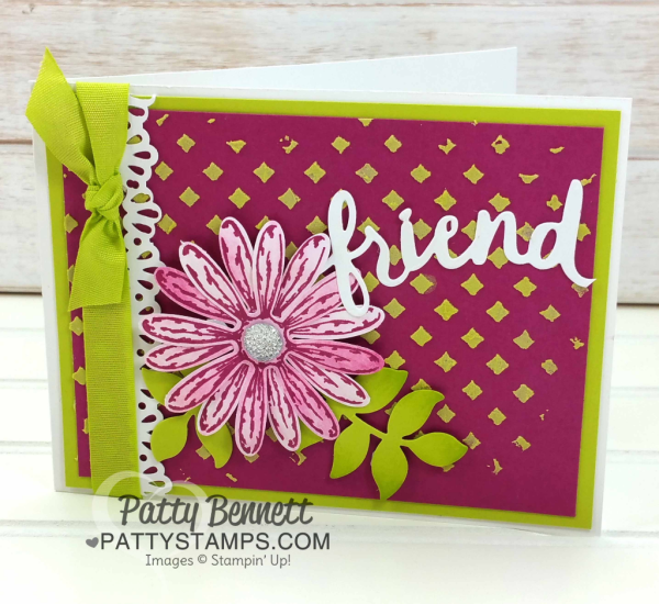 Stampin UP! embossing paste background card idea featuring Delightful Daisy punch and Lovely Words thinlit dies embellishment. by Patty Bennett