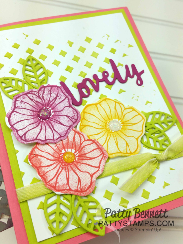 Stampin UP! embossing paste background card idea featuring Oh So Eclectic stamp set. Lovely Words thinlit dies embellishment. by Patty Bennett