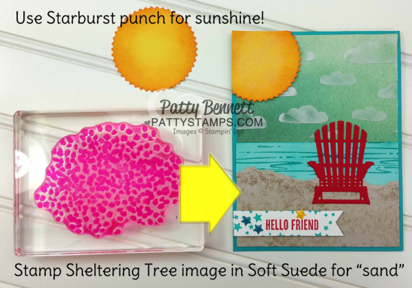 Red Adirondak chair beach scene card featuring Stampin' UP! embossing paste clouds and Seasonal Layers framelits dies. Tip! Use Sheltering Tree stamp for sandy beach!! Card stamped by Patty Bennett.