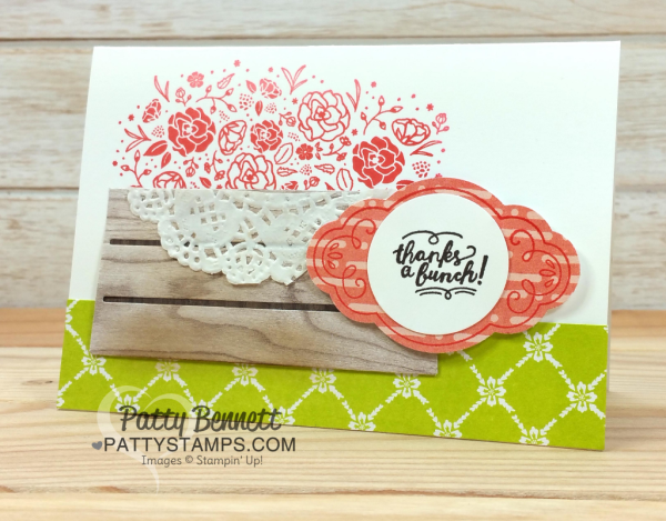 Wood Crate Note Card idea featuring Stampin' Up! Wood Textures paper stack and Wood Crate framelits.  Images stamped using Wood Words stamp set.  By Patty Bennett