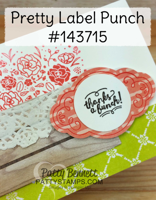 Pretty Label punch for Wood Crate Note Card idea featuring Stampin' Up! Wood Textures paper stack and Wood Crate framelits.  Images stamped using Wood Words stamp set.  By Patty Bennett