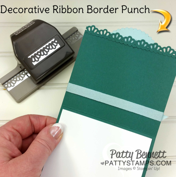 Craft Tip: use the Decorative Ribbon Border punch for a fun scalloped border on your handstamped card!  Click shop online at www.pattystamps.com order #143721