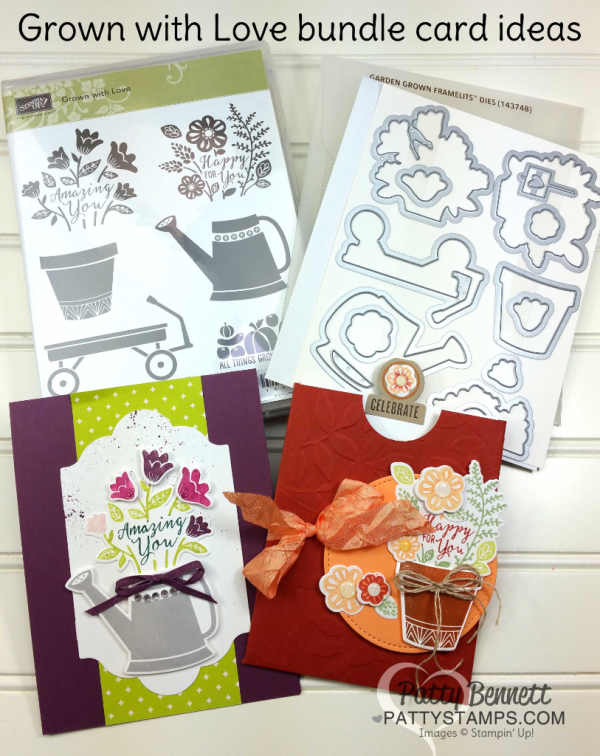 2 stamped card ideas featuring the Stampin' UP! Grown with Love bundle. Watering Can card and flower pot card. 