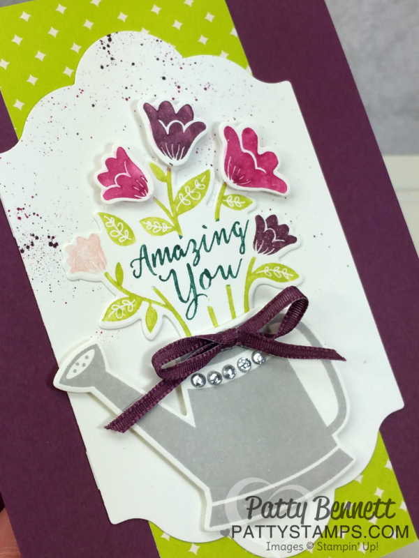 Stamped card idea featuring the Stampin' UP! Grown with Love bundle. Watering Can card with flowers.