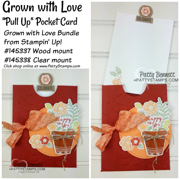 Stamped pull-up pocket card idea featuring the Stampin' UP! Grown with Love bundle. Flower pot card. 