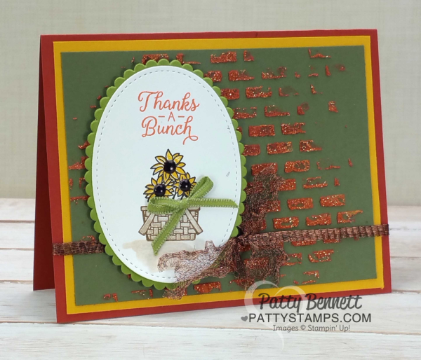 Sunflower Basket ovals card idea with embossing paste brick background.  Stampin' Up! Bike Ride stamp set and Beautiful Bouquet stamp set.  by Patty Bennett