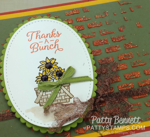 Sunflower Basket ovals card idea with embossing paste brick background.  Stampin' Up! Bike Ride stamp set and Beautiful Bouquet stamp set.  by Patty Bennett