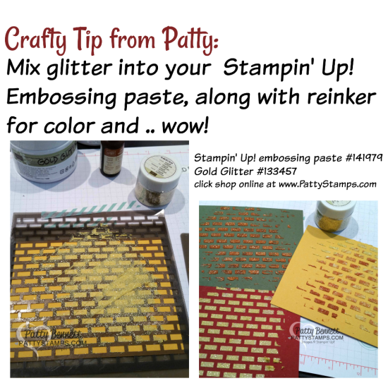 Craft Tip: add glitter to your embossing paste with reinker for unique textured brick background.  Pattern Party masks from Stampin' UP! & embossing paste available online. click shop online at www.pattystamps.com