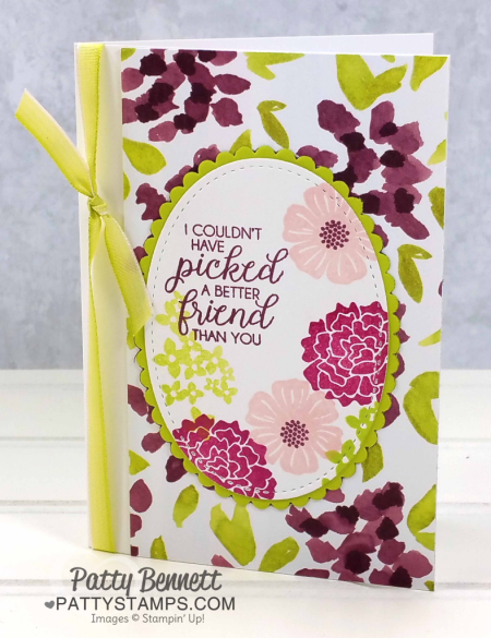 Handstamped note cards featuring Stampin' UP! Naturally Eclectic designer floral printed paper, Beautiful Bouquet stamp set, and ribbon accent. By Patty Bennett
