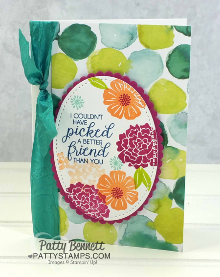 Handstamped note cards featuring Stampin' UP! Naturally Eclectic designer floral printed paper, Beautiful Bouquet stamp set, and ribbon accent. By Patty Bennett