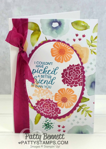 Handstamped note cards featuring Stampin' UP! Naturally Eclectic designer floral printed paper, Beautiful Bouquet stamp set, and ribbon accent. By Patty Bennett