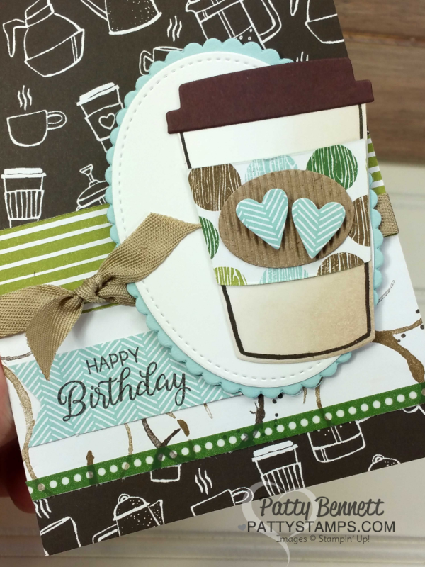 Coffee Cafe bundle card featuring Stampin' Up! Coffee Break designer paper. Happy Birthday greeting from Beautiful Bouquet stamp set. By Patty Bennett. Coffee Cafe bundle card featuring Stampin' Up! Coffee Break designer paper. Happy Birthday greeting from Beautiful Bouquet stamp set. By Patty Bennett.
