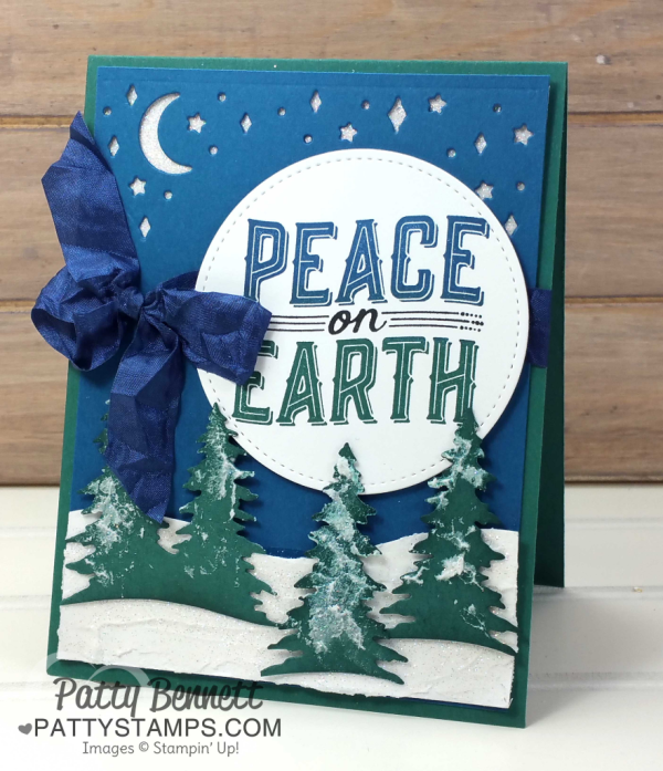 Carols of Christmas Stampin' UP! Holiday catalog Peace on Earth pine tree card featuring embossing paste and glitter snowy trees by Patty Bennett