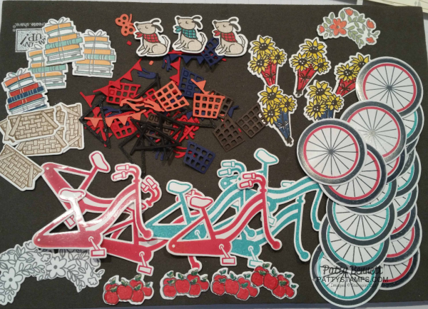 Stamped and Die cut pieces for Bike Ride 4th of July patrioit card, die cut doggie, sunflowers, bike and baskets. Card by Patty Bennett at pattystamps.com Stamped and Die cut pieces for Bike Ride 4th of July patrioit card, die cut doggie, sunflowers, bike and baskets. Card by Patty Bennett at pattystamps.com