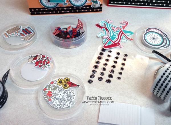 Stamped and Die cut pieces for Bike Ride 4th of July patrioit card, die cut doggie, sunflowers, bike and baskets. Card by Patty Bennett at pattystamps.com Stamped and Die cut pieces for Bike Ride 4th of July patrioit card, die cut doggie, sunflowers, bike and baskets. Card by Patty Bennett at pattystamps.com