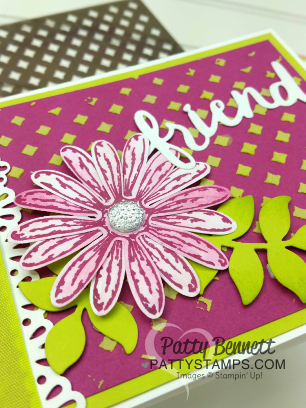 Stampin UP! embossing paste background card idea featuring Delightful Daisy punch and Lovely Words thinlit dies embellishment. by Patty Bennett
