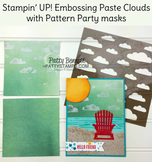 Red Adirondak chair beach scene card featuring Stampin' UP! embossing paste clouds and Seasonal Layers framelits dies. Tip! Use Sheltering Tree stamp for sandy beach!! Card stamped by Patty Bennett.