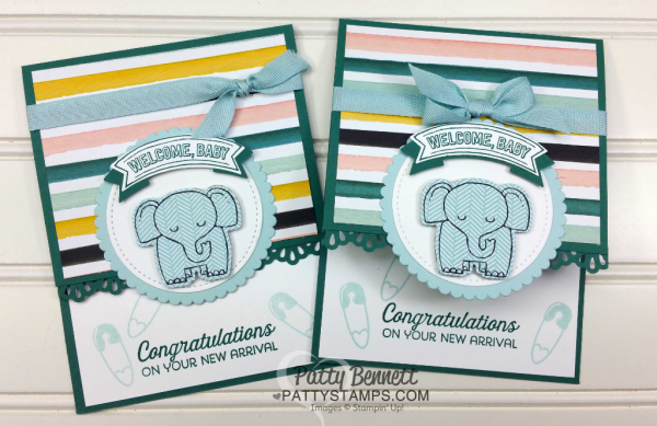 Welcome Baby card stamped with A Little Wild stamp set from Stampin' Up!. Embellished with the Decorative ribbon punch and Duet Banner punch greeting. By Patty Bennett