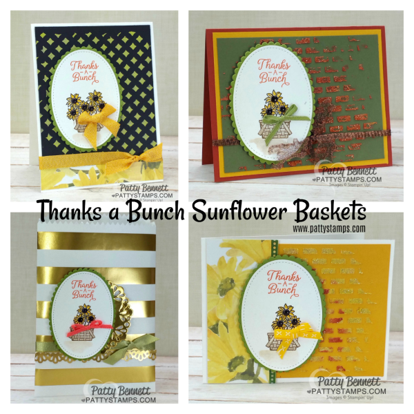 Sunflower Basket ovals on cards and gold striped treat bags.  Stampin' Up! Bike Ride stamp set and Beautiful Bouquet stamp set.  by Patty Bennett
