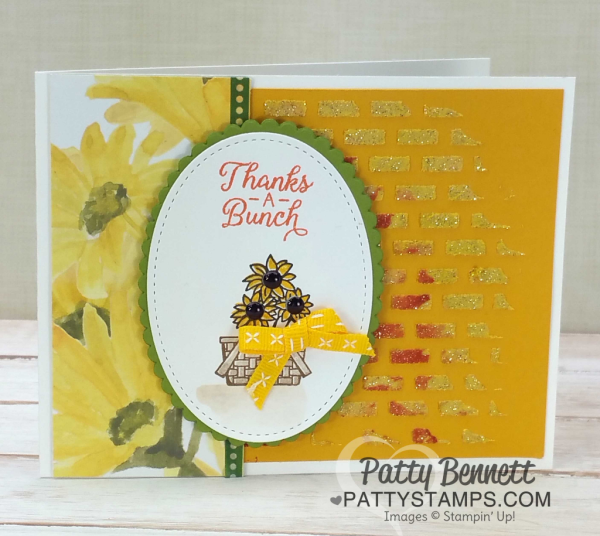 Sunflower Basket ovals card idea with embossing paste brick background.  Stampin' Up! Bike Ride stamp set and Beautiful Bouquet stamp set.  by Patty Bennett