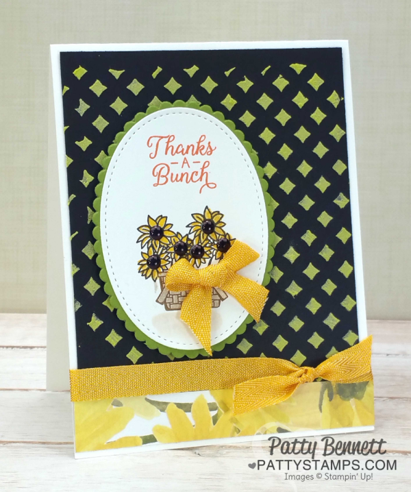 Sunflower Basket ovals card idea with embossing paste background.  Stampin' Up! Bike Ride stamp set and Beautiful Bouquet stamp set.  by Patty Bennett