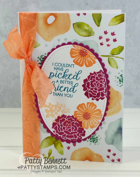 Handstamped note cards featuring Stampin' UP! Naturally Eclectic designer floral printed paper, Beautiful Bouquet stamp set, and ribbon accent. By Patty Bennett