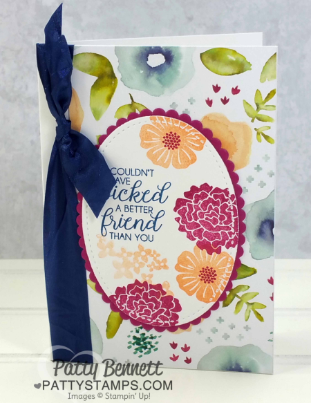 Handstamped note cards featuring Stampin' UP! Naturally Eclectic designer floral printed paper, Beautiful Bouquet stamp set, and ribbon accent. By Patty Bennett