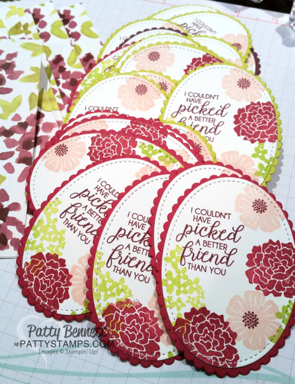 Stampin' Up! Beautiful Bouquet floral stamp set, stamped on Stitched Shape ovals and layered on Layering Oval Scallops.  Stampin' Up! 2017-2019 In Colors featured. 